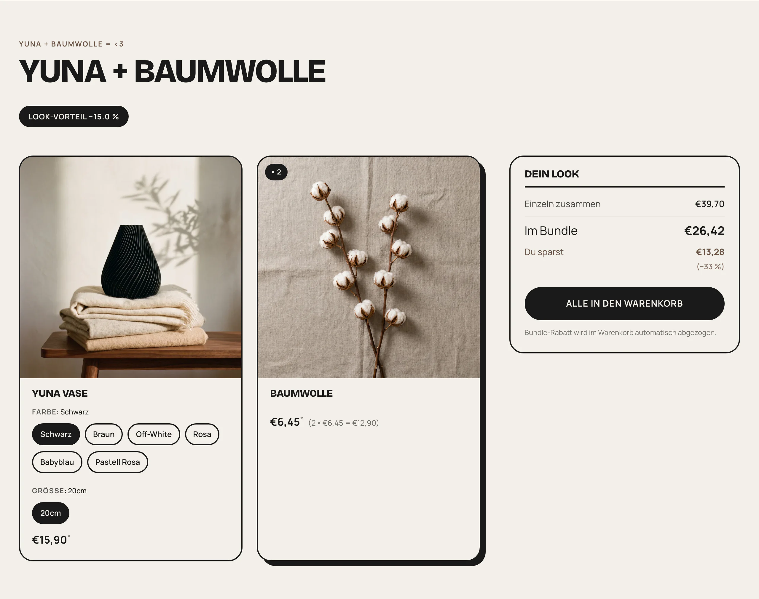 Look-Seite auf justlora.de: zwei Produktkarten mit Varianten-Auswahl, rechts die Zusammenfassung "Dein Look" mit Einzelpreis, Bundle-Preis und dem Button "Alle in den Warenkorb"
