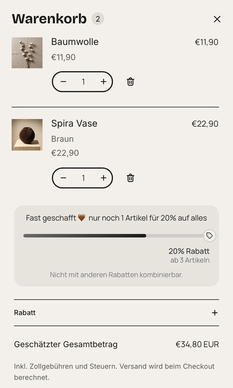Cart Drawer auf justlora.de mit zwei Artikeln und einer Fortschrittsleiste "Fast geschafft, nur noch 1 Artikel für 20 % auf alles"