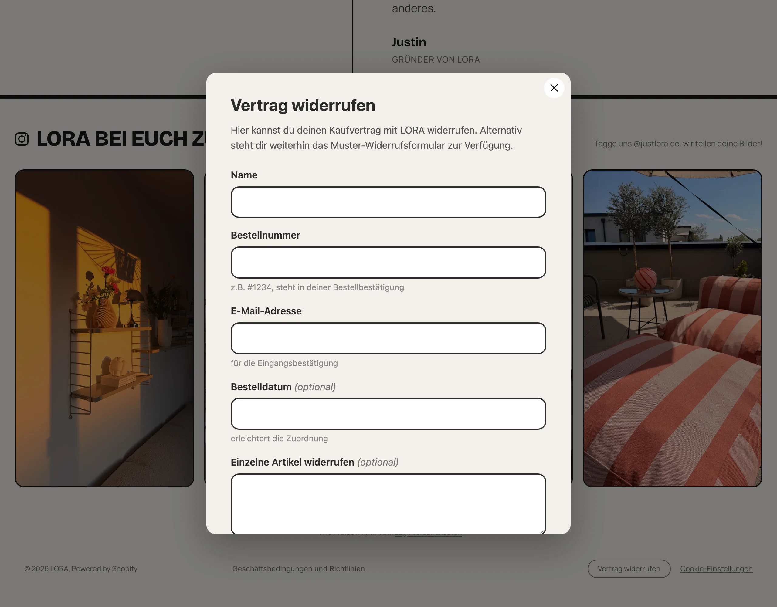 Widerrufsformular als Overlay über der Startseite von justlora.de, geöffnet über den Footer-Button "Vertrag widerrufen"